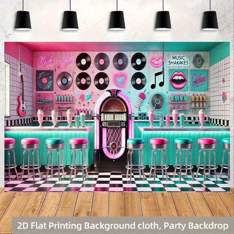 2D flat 1pc retro restaurant scene polyester background, birthday banners and flags, celebration activities, multi-purpose