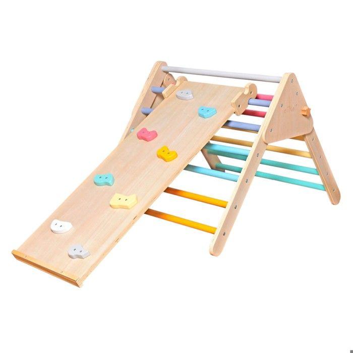 Triangle de Pikler - GINGER HOME 2 en 1 - Toboggan & mur d'escalade - Pliable - Bois massif