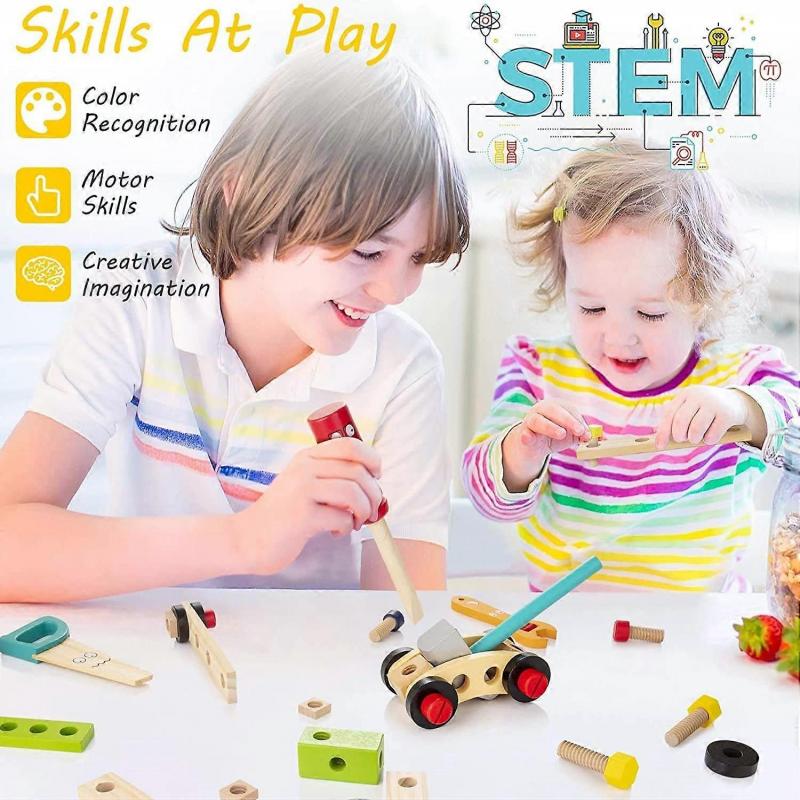 Children's tool kit, wooden tool box with wooden tools, building toy set, educational STEM building