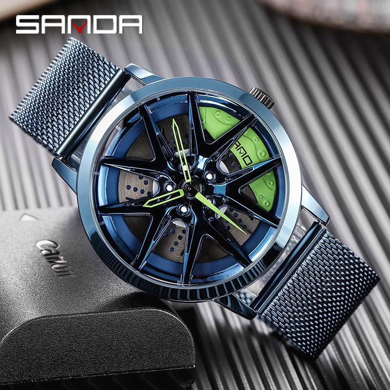 SANDA Новые крутые мужские кварцевые часы с колесным циферблатом, повседневные сетевые мужские часы