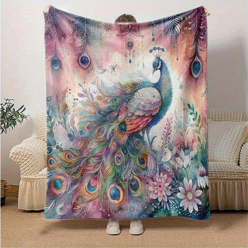 1pc Peacock & Flowers Blanket  Soft Throw for Home Decor, Gift Idea