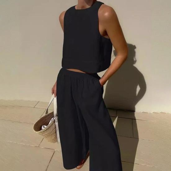 Женский летний комплект из 2 предметов: жилет без рукавов с круглым вырезом, эластичные длинные брюки с высокой талией, однотонный тонкий повседневный комплект