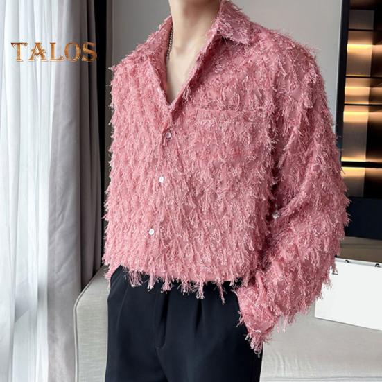 Мужская рубашка с нагрудным карманом и кисточками, отложным воротником, однобортная, с длинными рукавами, однотонная, для праздничной рождественской вечеринки, клубный топ