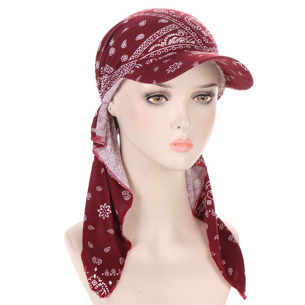 2025 Print Pre-Tied Hat Women Muslim Long Tail Headscarf Hijab Turban Visor Chemo Cap Bonnet Hair Loss Head Wrap Turbante Mujer