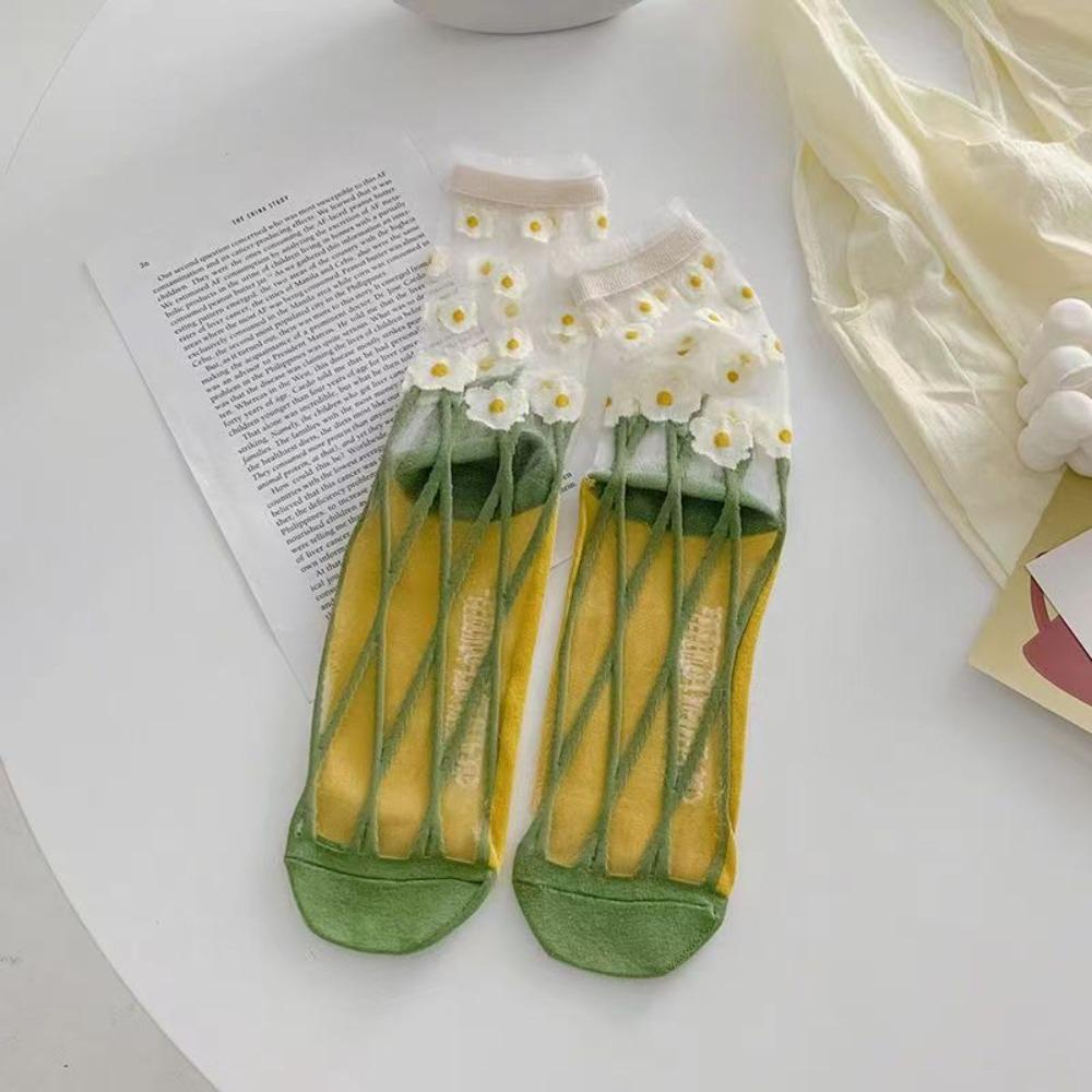 Sweet Floral Print Mid-calf Socks Ultra-Thin Crystal Silk Socks Casual Wear