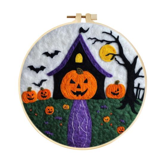 Halloween Needle Felting Kit Beginner Felt Craft Set DIY Felt Painting with Faux Wool Needle Frame Stamped Fabric for Adults Handcraft Lovers