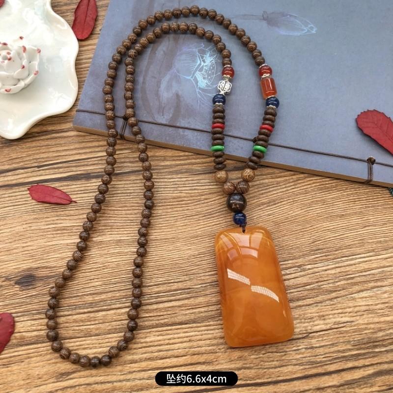 Ретро куриное крыло дерево второе поколение старое восковое ожерелье мужчины и женщины универсальный янтарный кулон длинная цепочка для свитера кулон