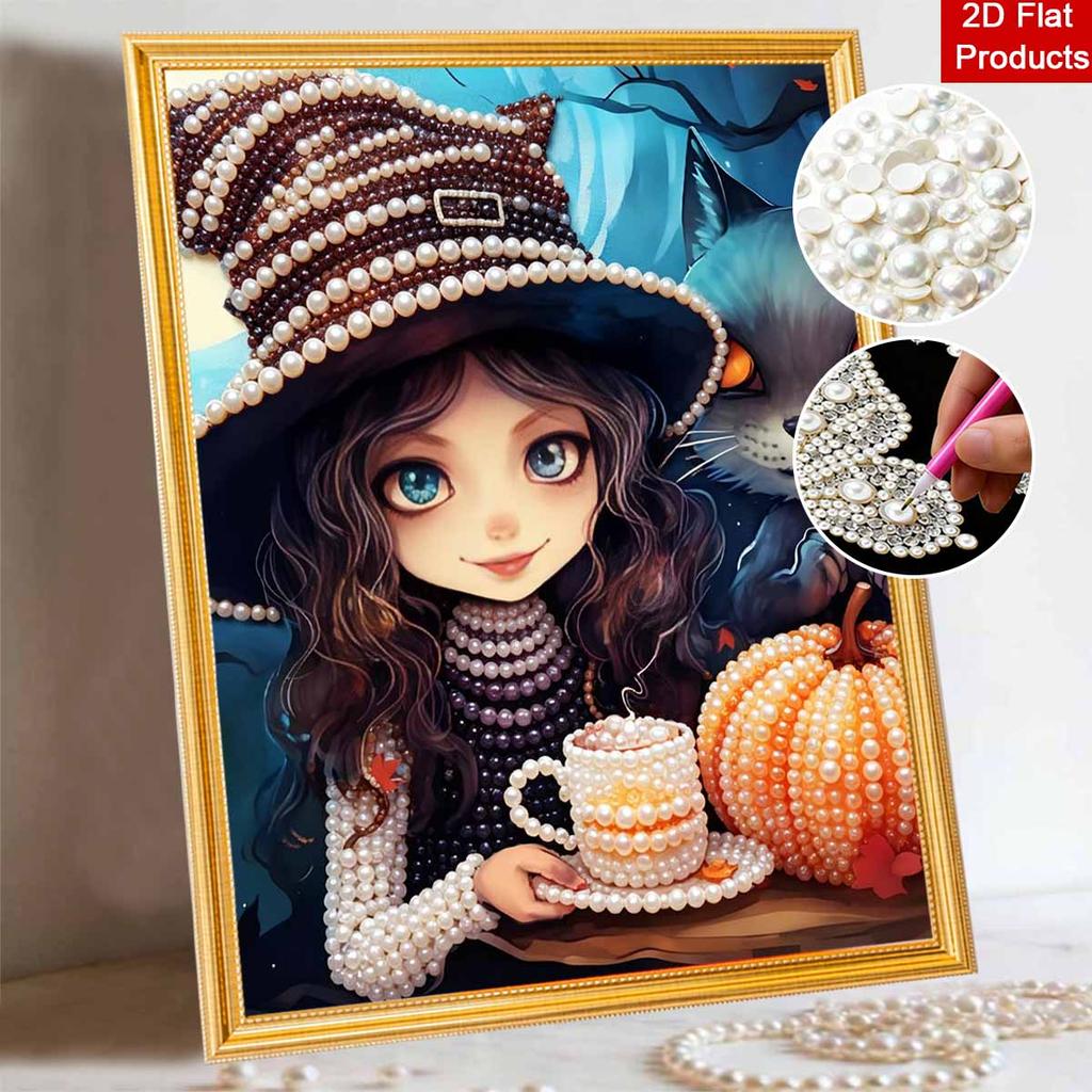 Набор для рисования жемчугом DIY Безрамная Милая Ведьма с Котом Тыква Кофе Хэллоуинский Узор Блестящая Жемчужная Картина на Холсте Креативное Украшение Стены Идея для Подарка