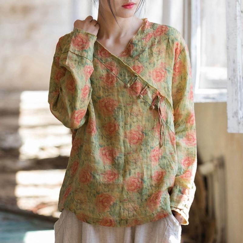 Johnature Women Chinese Style Shirts Tops V-Neck Long Sleeve Spring Print Floral Blouses Women Vintage Ramie Shirt
