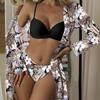 Women Floral Print Bikinis Set Sexy Three Piece Beach Cover Up Push Up Summer Long Sleeve Twist Swimwear Bathing Suit