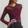 Y24TP472 Women's Sexy Solid Color Mesh Pleated Long-Sleeve T-Shirt Top for Autumn