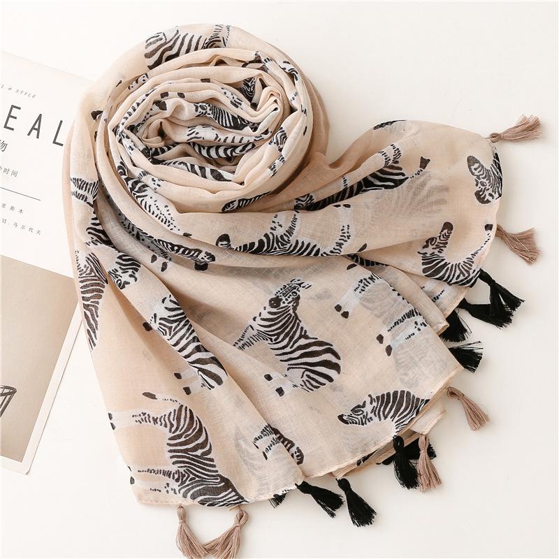 Japanese Style Fresh And Natural Animal Zebra Print Tassel Cotton Linen Hand Feel Scarf For Sun Protection And Warmth, Women'S Shawl