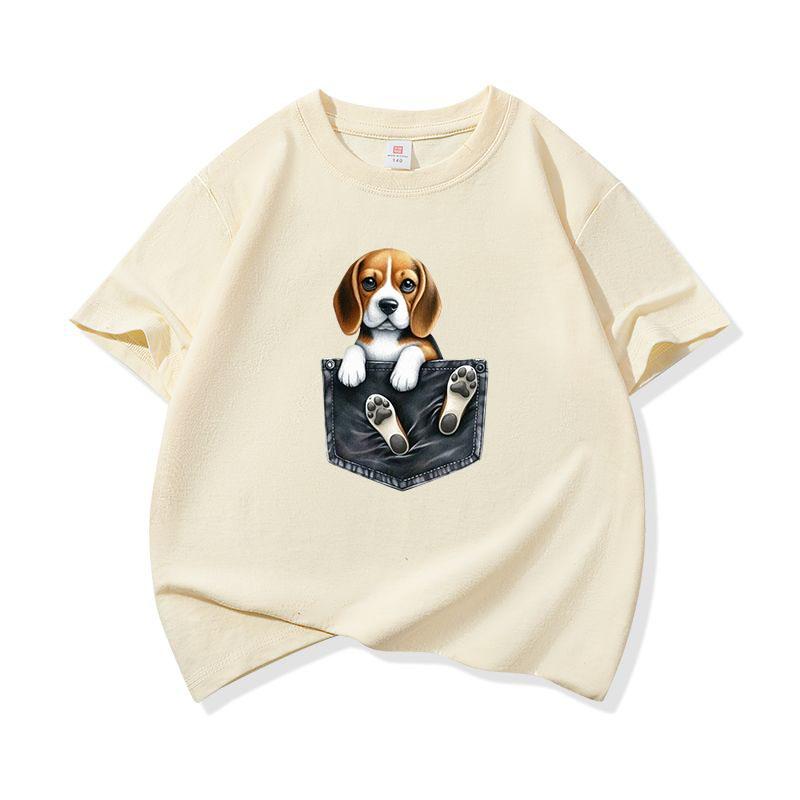 Kids Cotton T Shirt Cute Pocket Beagle Puppy Dog Graphic Crew Neck Short Sleeve Tee Casual Breathable Boys Girls Summer Tops