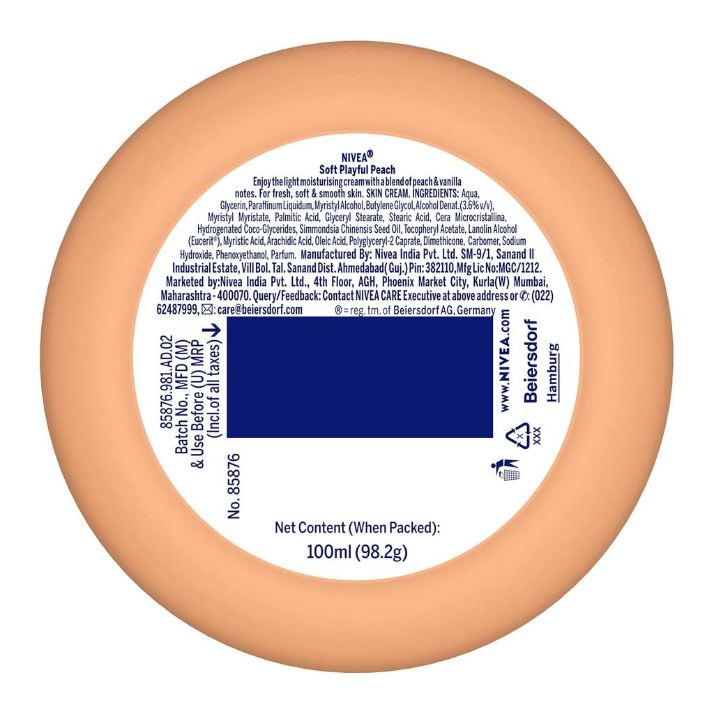 Nivea Soft Peach Moisturizer 100ml For Face Hands Body Light Hydration Vitamin E Jojoba Oil Non Greasy Cream All Skin Types