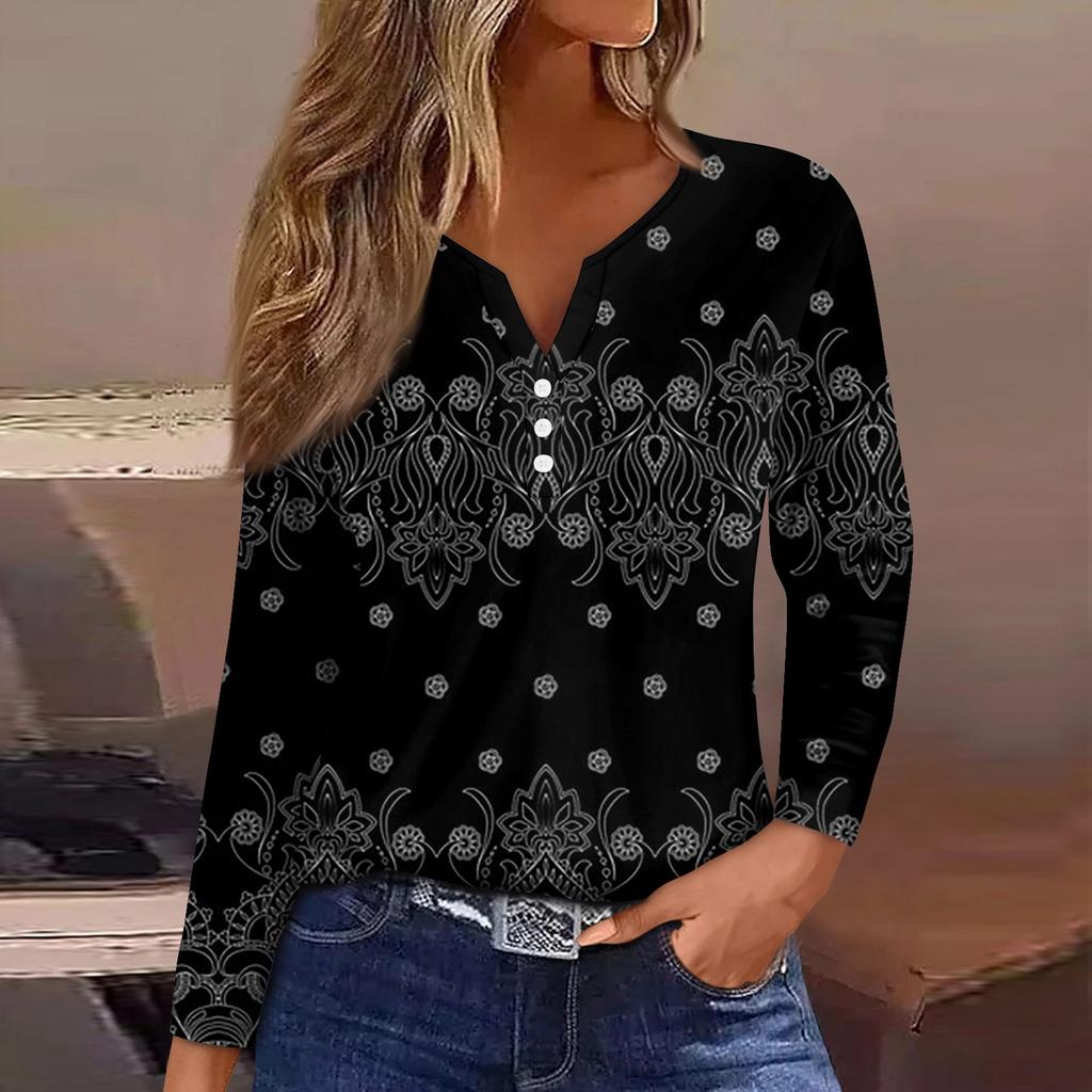 Women's T Shirt Tee Button Floral Print Long Sleeve Daily Weekend Fashion Basic V-Neck Regular Top