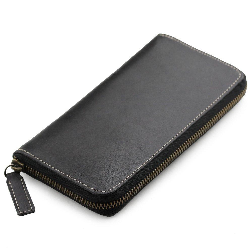 ABIES Round Zipper Long Wallet, Black, Made In Japan with Tochigi Leather Cowhide