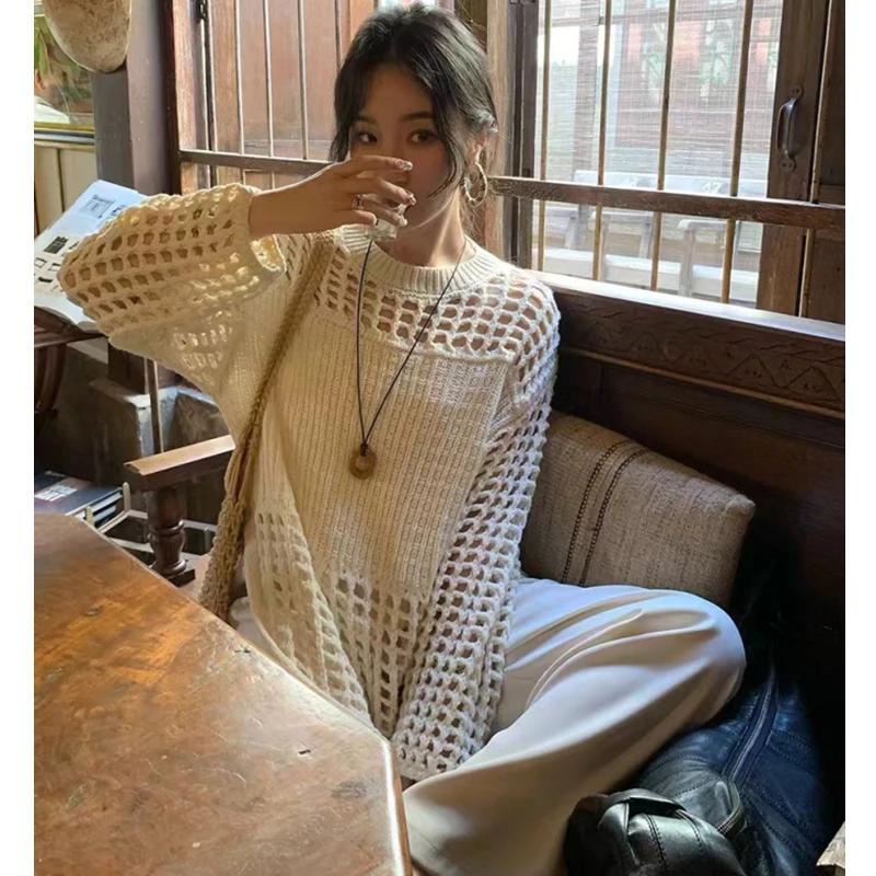 Летние платья-халатки осенние женские вязаные свитера платье женские ажурные сетчатые пуловеры прозрачные свободные топы с длинным рукавом