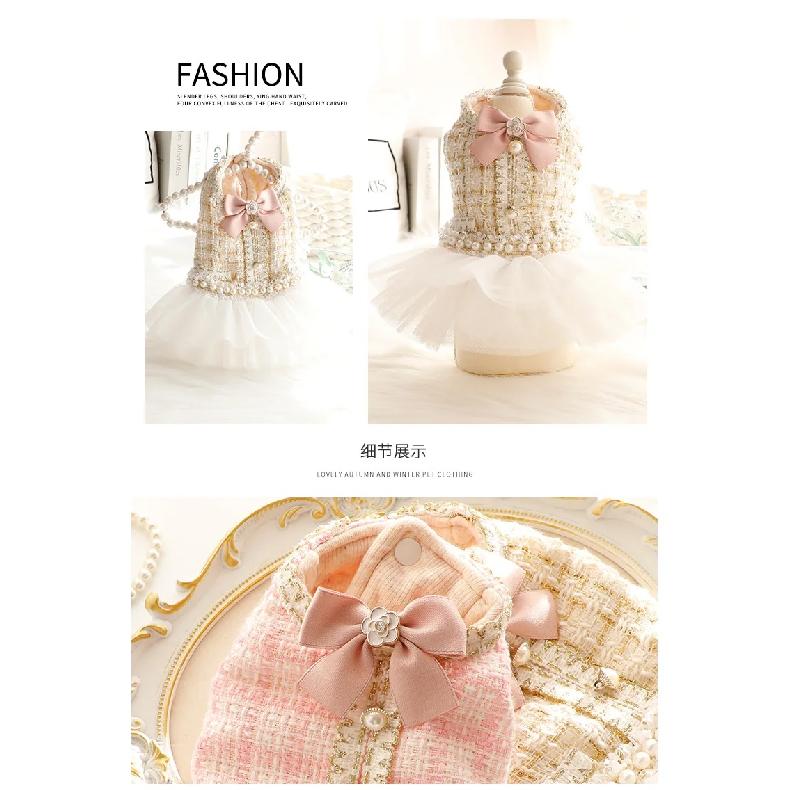 Dog Clothes Autumn and Winter Clothes Cat Princess Tutu Skirt Woolen Pearl Small Dog Pet Dog Dress Cat Mesh Skirt Dog Clothes