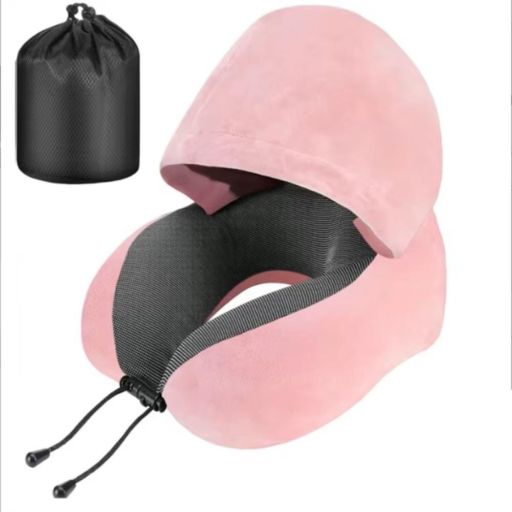 Removable Travel Neck Pillow Adjustable with Storage Bag Hooded Pillow Soft Support Washable Cover U-shaped Pillow with Cap