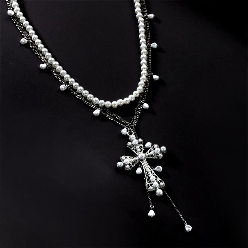 Винтажное многослойное эстетичное ожерелье с большим крестом, элегантная цепочка из бусин под жемчуг, женский чокер, Y2K украшение