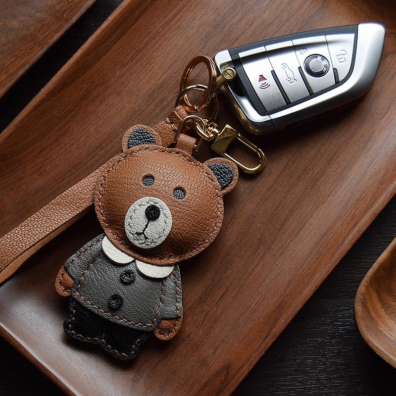 Коричневый медведь ручной работы кожаная сумка для ключей от машины подвеска простой подарок на день рождения милый подходящий женский брелок