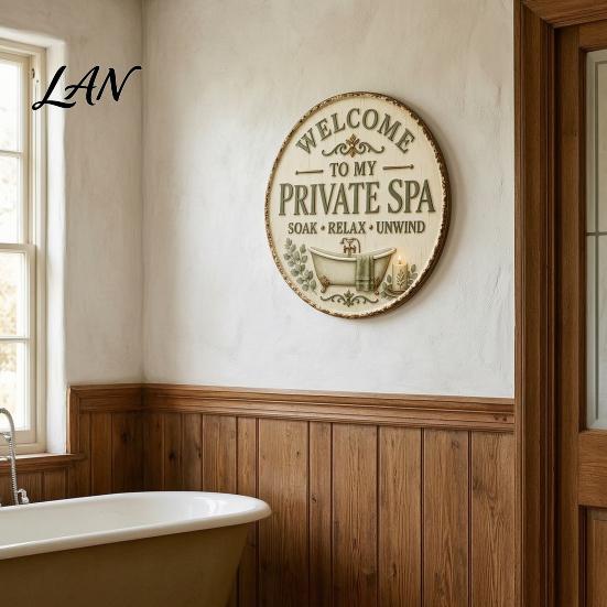 Metal Hanging Sign for House Vintage Rustic Bathroom Tin Sign, 8 Inch Round Wall Simple Decor Plaque, Retro Funny Farmhouse Decorative Restroom Home