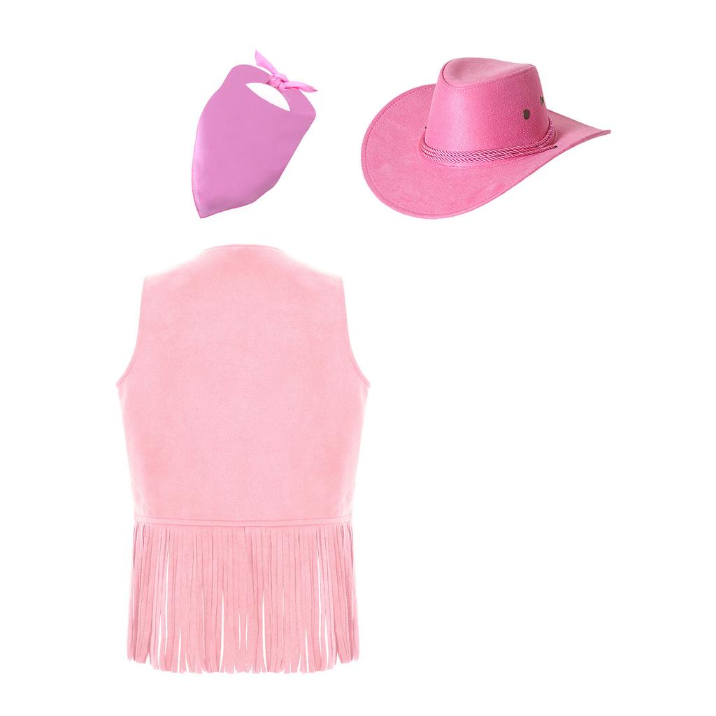 Детский костюм ковбойши унисекс, открытый жилет, нагрудные заклепки, кисточки, бахрома по низу, жилет, фетровая ковбойская шляпа, квадратный платок, набор