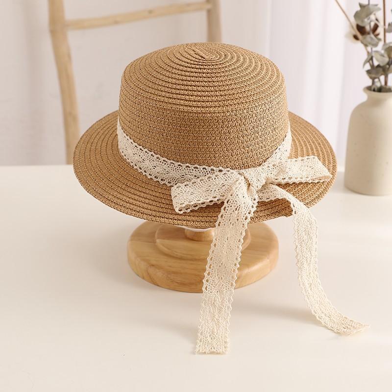 Baby Lace Bowknot Straw Hat Toddler Sun Hat Girls' Beach Hat British Style Top Hat Flat Top Sun Cap