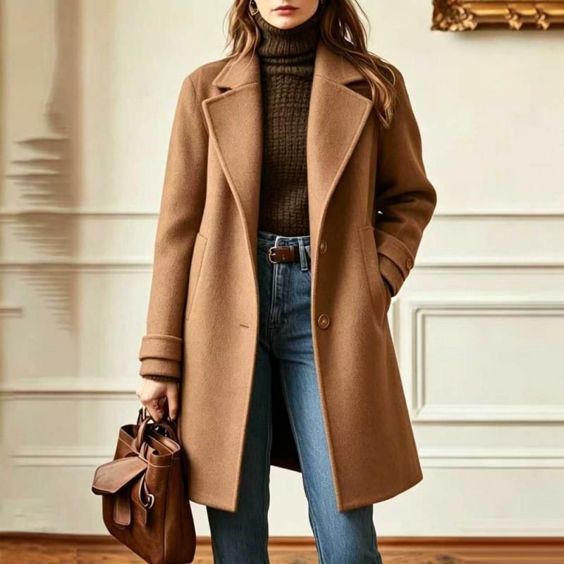 2026 Womens Vintage Casual Mid-Length Lapel Wool Blend Coat Solid Color Single-Breasted Outerwear