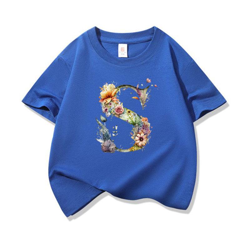 Kids Cotton T Shirt Floral Letter S Print Crew Neck Short Sleeve Tee Casual Boys Girls Summer Tops