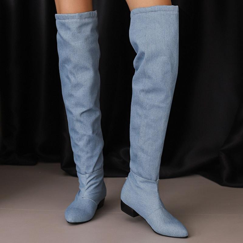 Модные женские сапоги выше колена, синие джинсы, зимняя обувь, плиссированные длинные сапоги на низком каблуке, женская обувь для вечеринок, большой размер 45 48