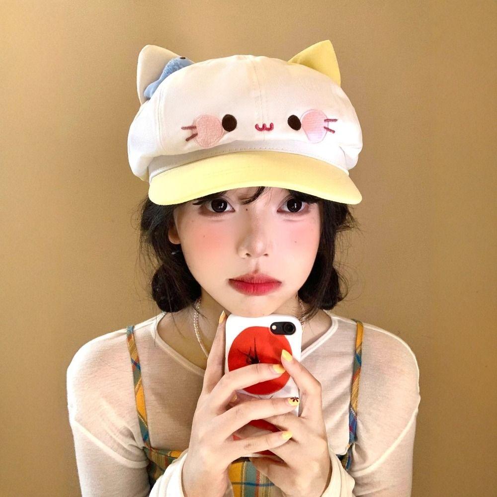 Japanese Style Cat Ears Beret Big Head Cartoon Beret Fashion Octagonal Hat Female Wear