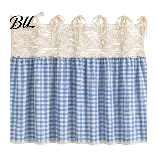 Decorative Fabric Oven Handle Wrap Farmhouse Stove Skirt, Plaid Crochet Lace Curtain, Easy Install Strap Shade Skirt Curtain with Ties for Cottage