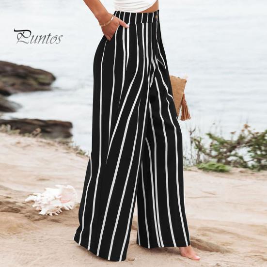 Женские брюки на пуговицах на молнии, длинные брюки с высокой талией, прямые широкие длинные брюки с полосатым принтом