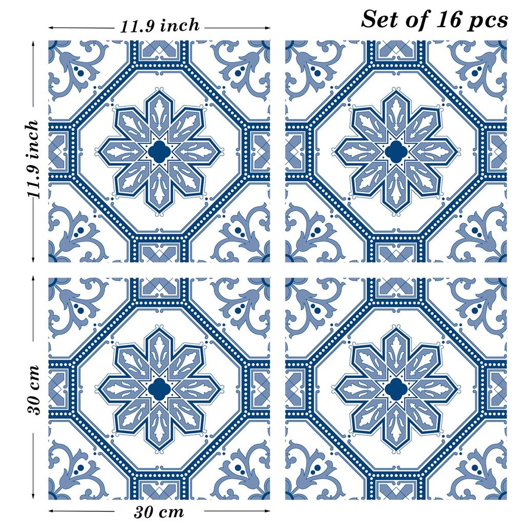 Наклейки на плитку Poromoro Portuguese Spanish Azulejo Peel and Stick, набор из 16 наклеек на мозаичную плитку для кухни и ванной комнаты (11.9,29)