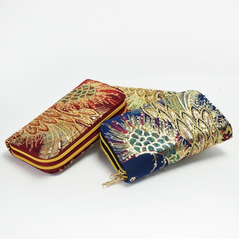 Женский кошелек, длинный кошелек на молнии, дизайнерский роскошный кошелек ручной работы с вышивкой павлина, ретро-клатч, женский кошелек для девочек-подростков