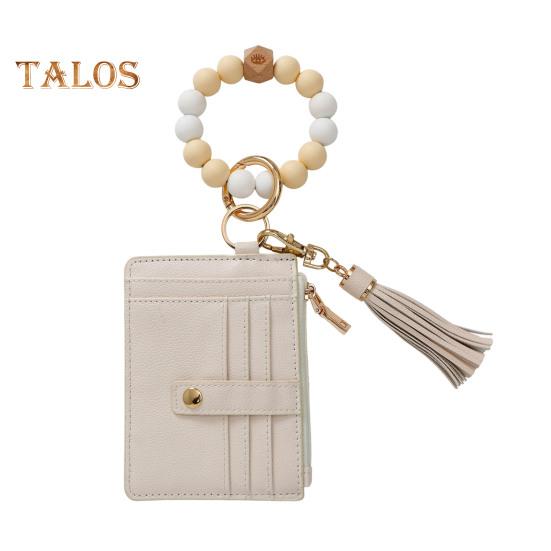 Брелок на запястье с блокировкой RFID и 6 отделениями для карт, браслет с кисточками и бусинами, брелок из искусственной кожи