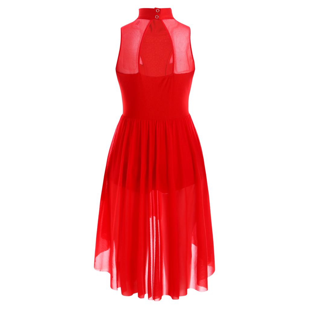 Kids Girls Figure Skating Dance Dress Sleeveless Mock Neck Cutout Back Side Split Asymmetrical Hem Sparkly Rhinestone Dresses