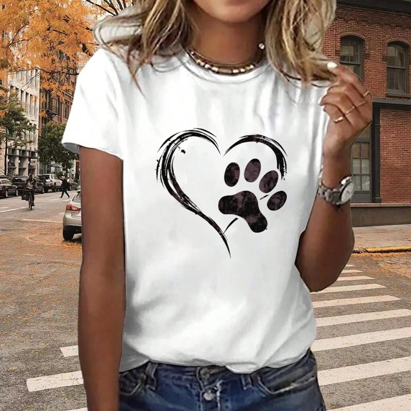 Fashion Women Personalized Love Dog Claw Print T Shirt Funny Casual O-neck Short Sleeves T-shirt Summer Female Tee Shirt