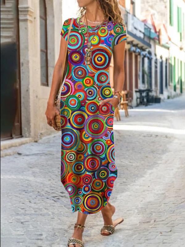 Женское летнее длинное платье с круглым вырезом и коротким рукавом с карманом реглан и цветочным принтом