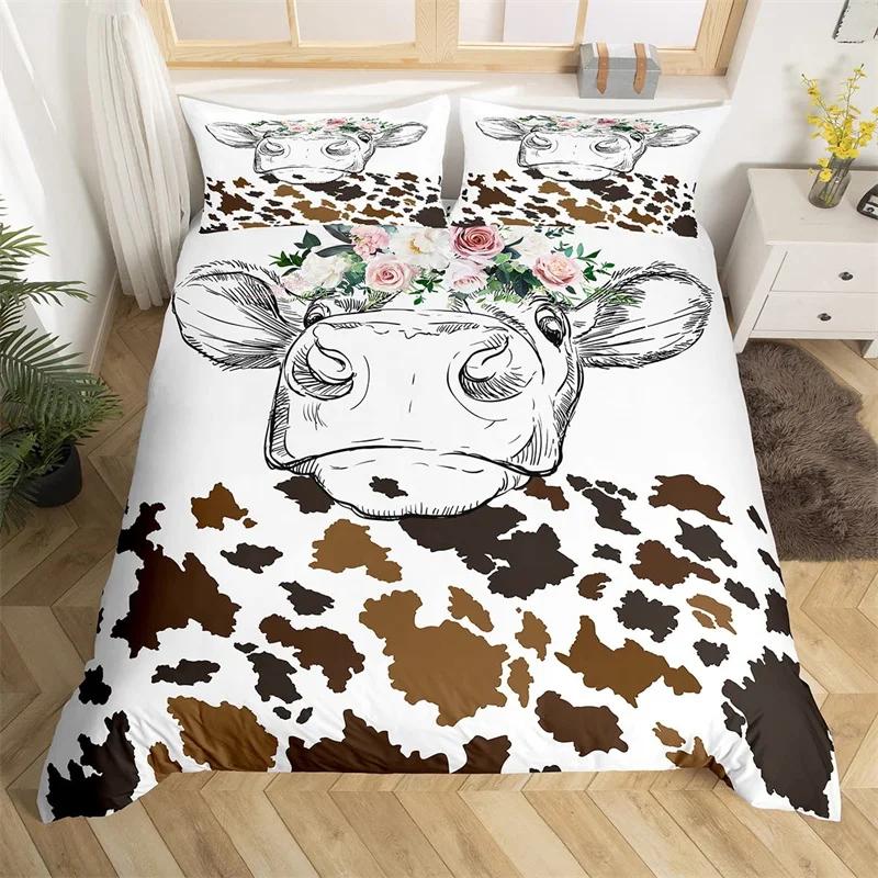 Пододеяльник из коровьей шкуры Highland, комплект постельного белья из микрофибры в стиле вестерн-фермерства с животными, леопардовый мех коровьей шкуры, цветочный принт, покрывало