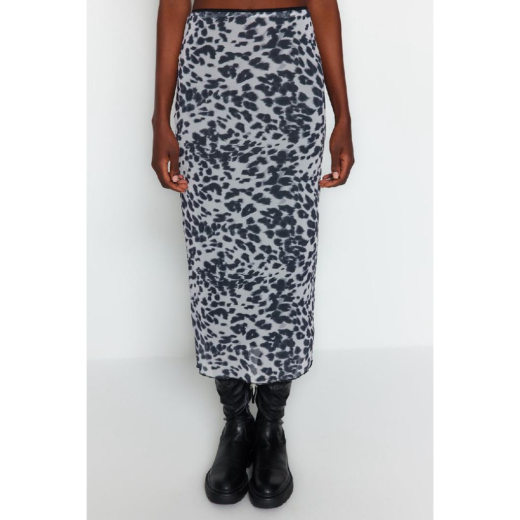 Black Waist Detailed Printed Stretchy Tulle Maxi Knitted Skirt Twoaw24et00124