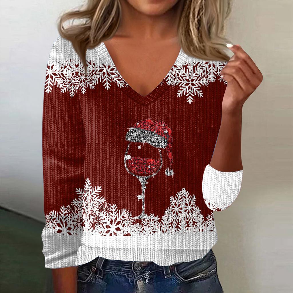 Women's Cute Sweatshirt Knitted Fashion Casual V-neck Long-sleeved Cozy Print Top