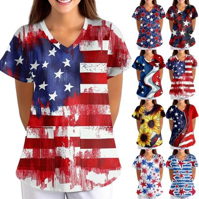 Плюс размер скраб с принтом, рабочая форма, топы для женщин, забавные футболки с перекрестным v-образным вырезом и короткими рукавами, рабочая одежда, футболка с карманами