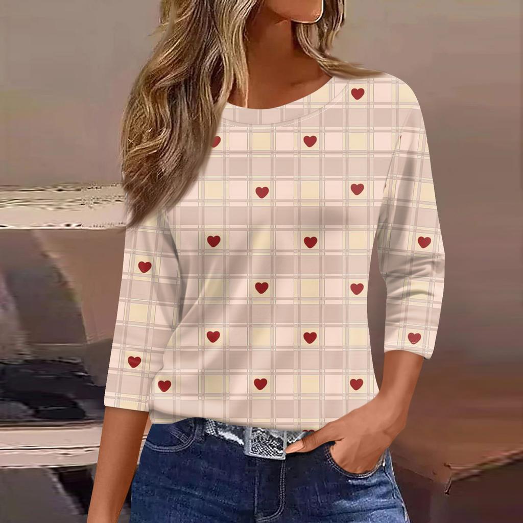 Women's Fashionable Casual Three Quarter Sleeve Printed Round Neck Top
