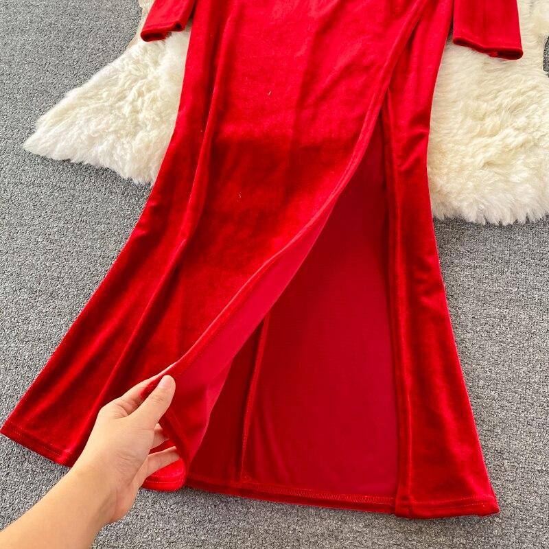 Новое осеннее вечернее платье Хепберн с разрезом на бедрах, сексуальное темпераментное бархатное платье с квадратным вырезом и бриллиантами, золотое бархатное платье