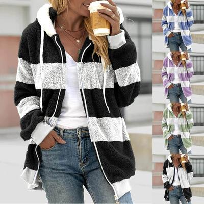 Женская свободная плюшевая куртка большого размера с разноцветными панелями на молнии с капюшоном