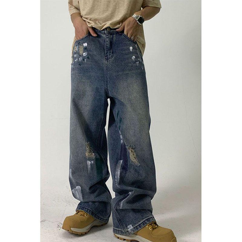 Европейские и американские уличные джинсы с чернильными пятнами для мужчин и женщин, нишевый дизайн, свободные широкие брюки для пар, повседневные универсальные брюки