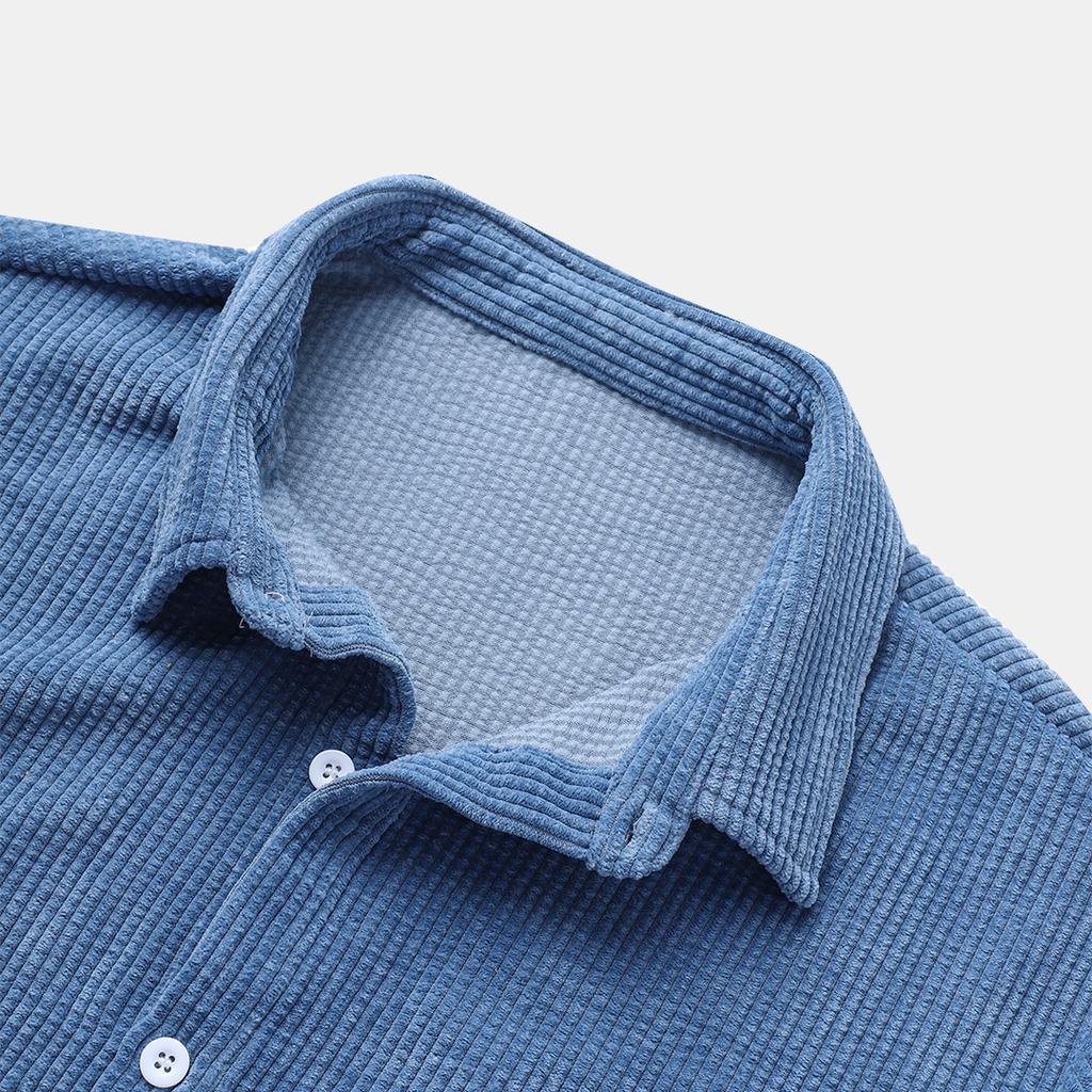 Мужские вельветовые рубашки с коротким рукавом, однотонные топы на пуговицах