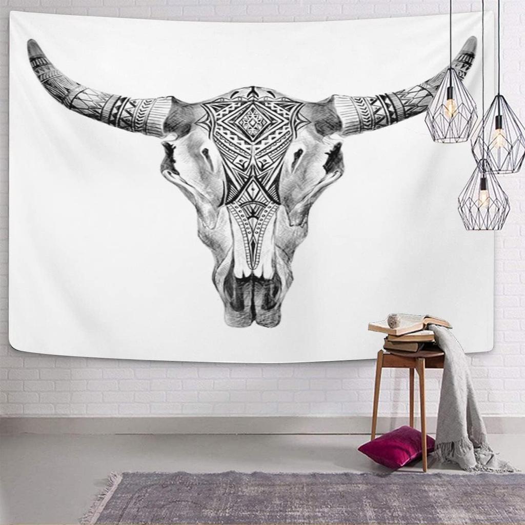 Emvency Tapestry Bull Aztec Longhorn Skull Cow Tribal Western Animals Home Decor Wall Hanging for Living Room Bedroom Dorm 50x60 inches